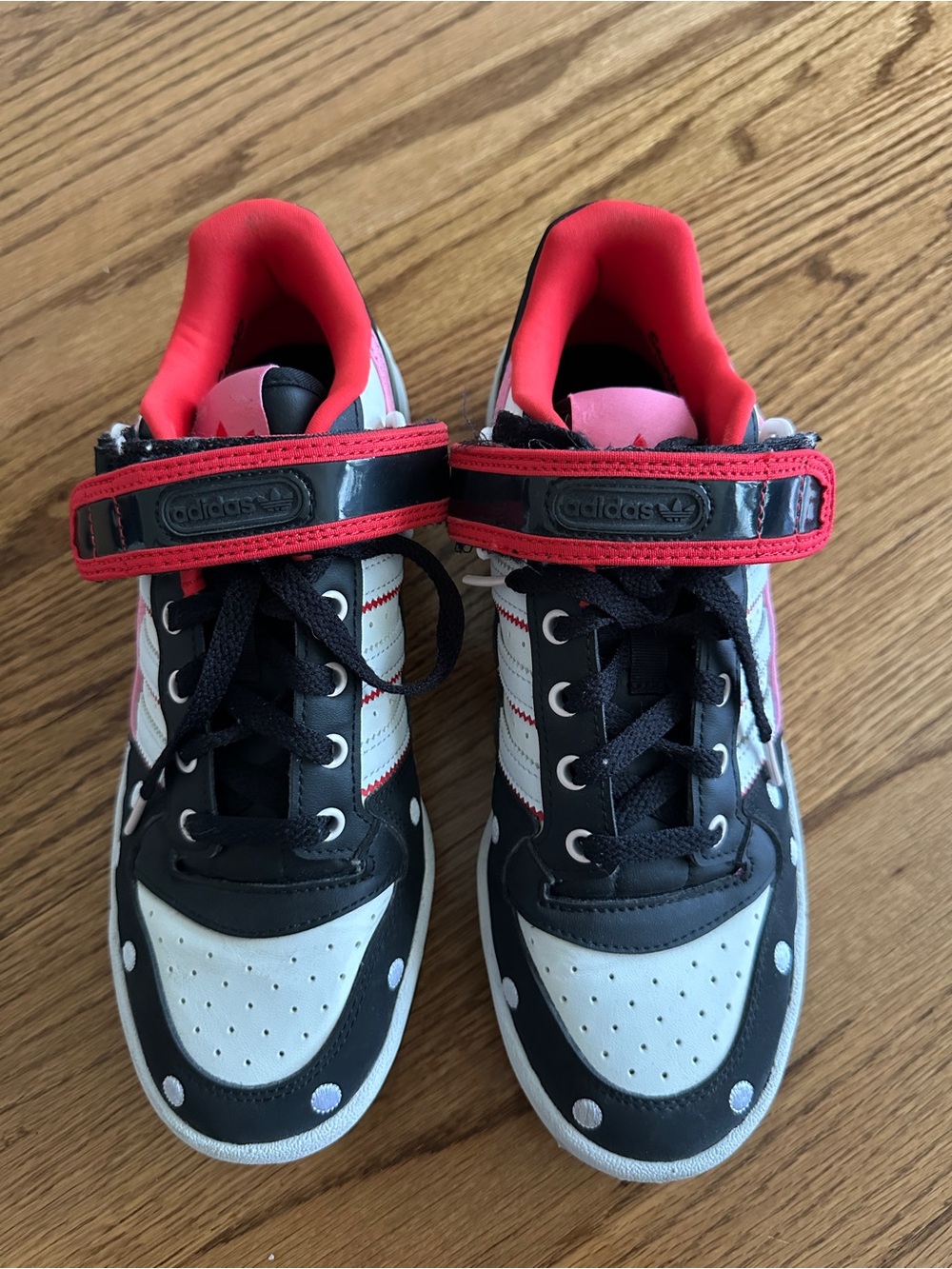 adidas Black White Pink Kids Sneakers with Red Strap Accents